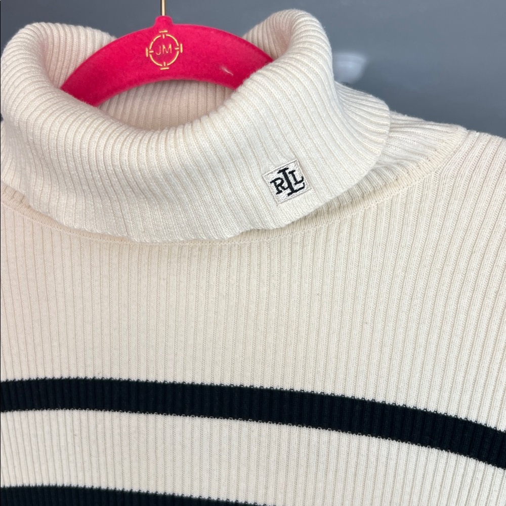 Ralph Lauren Black and Cream Striped Turtleneck Sweater - Picture 2 of 9